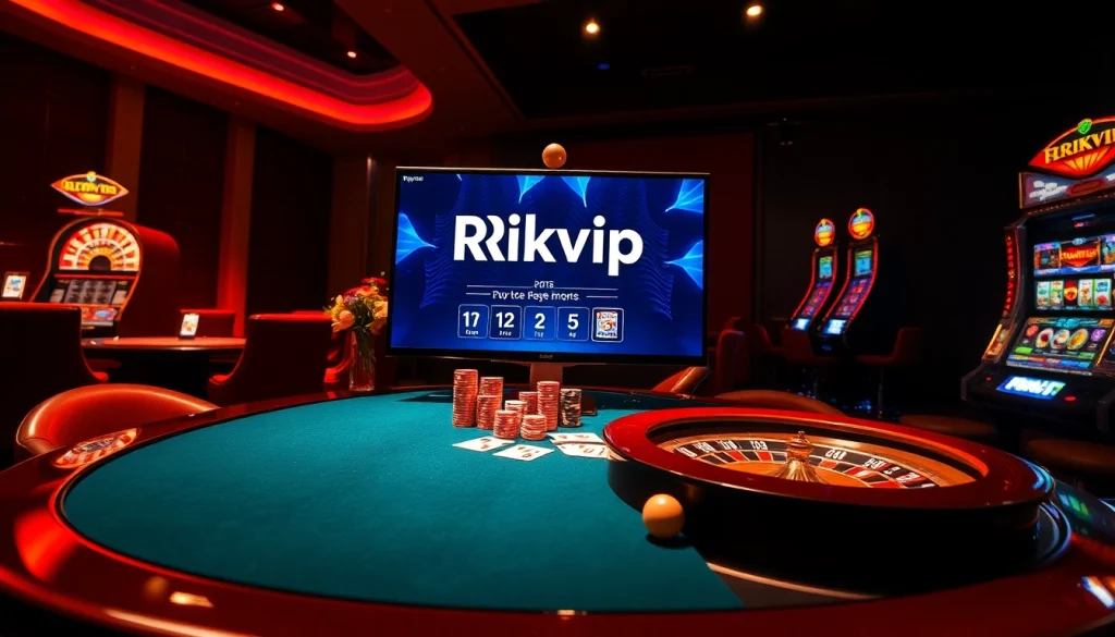 Gamblers enjoying online gaming at Rikvip with vibrant casino elements and exciting atmosphere.