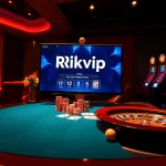 Gamblers enjoying online gaming at Rikvip with vibrant casino elements and exciting atmosphere.