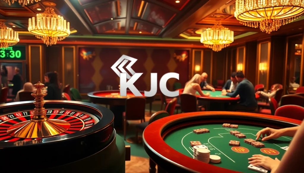 KJC logo amidst a vibrant casino scene featuring roulette wheels and poker games.