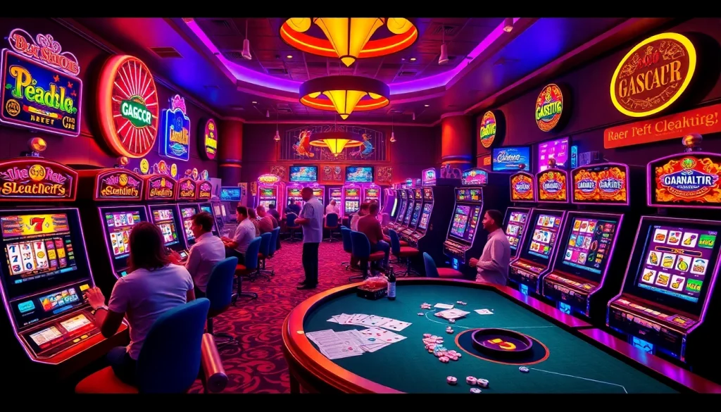 Experience slot gacor excitement at a colorful casino scene with eager players spinning reels.