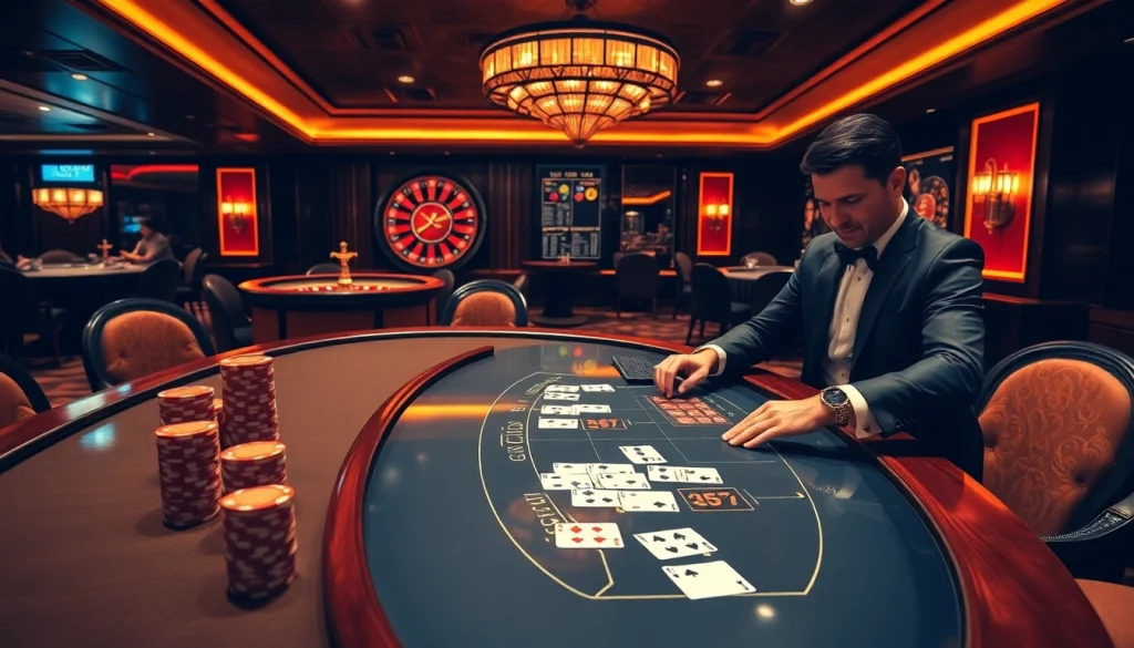 Players enjoying an upscale poker game at https://luckywin.com.co/ with vibrant chips and luxurious tables.