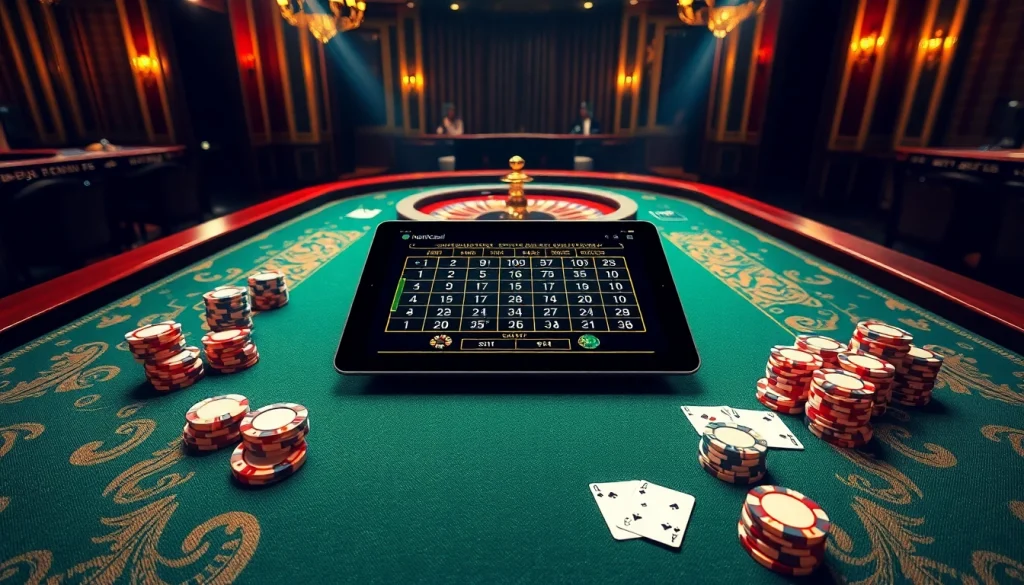 Experience excitement at the luxurious keonhacai casino table with roulette, poker chips, and cards.