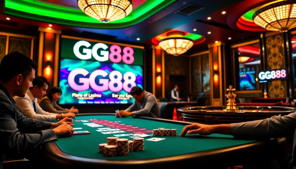Exciting poker game scene at GG88 casino with players and vibrant chips.