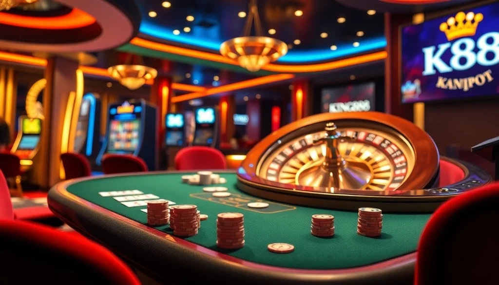 Players enjoying king88 gaming experience with vibrant casino tables, roulette, and slot machines.