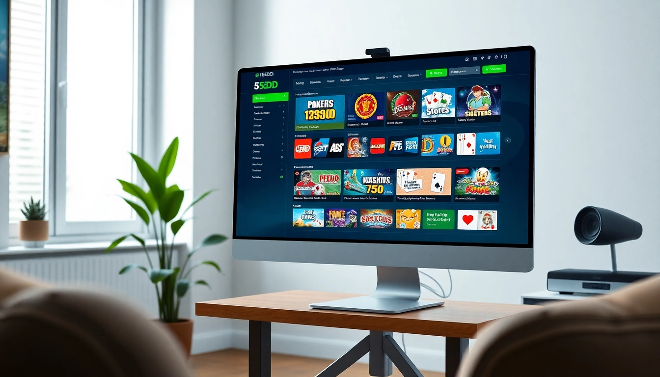 Interactive online betting interface showcasing 55DD's diverse games in a modern home office.