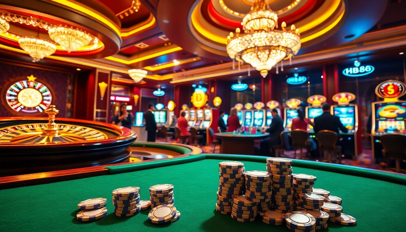 Dynamic scene of high-stakes casino gaming with HB88 poker chips and roulette wheel.