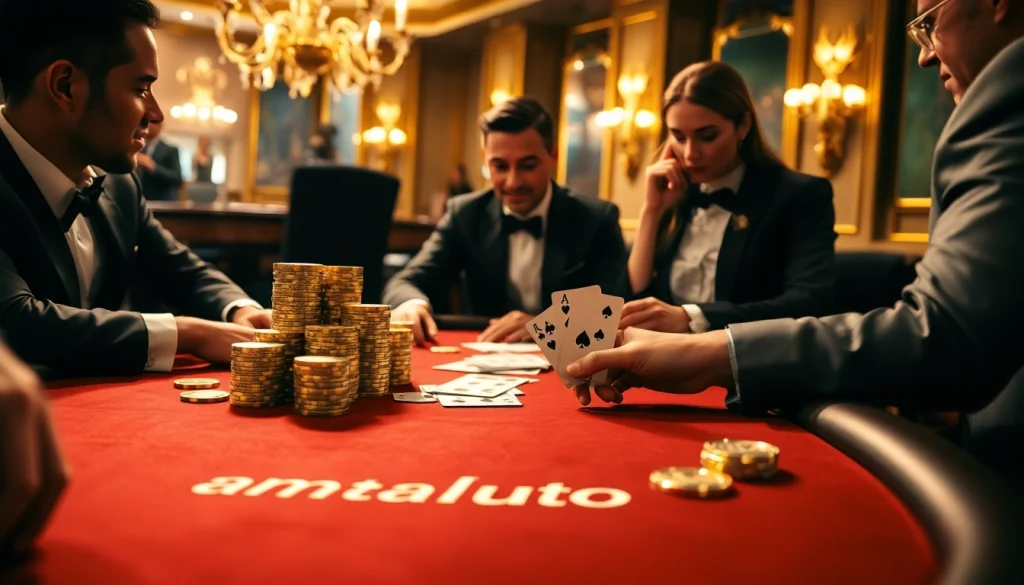 Engaged poker players at the amanahtoto casino table with luxurious chips and cards.