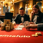 Engaged poker players at the amanahtoto casino table with luxurious chips and cards.