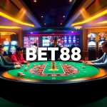 Experience thrilling gambling action at BET88 with a luxurious poker table and vibrant slot machines.