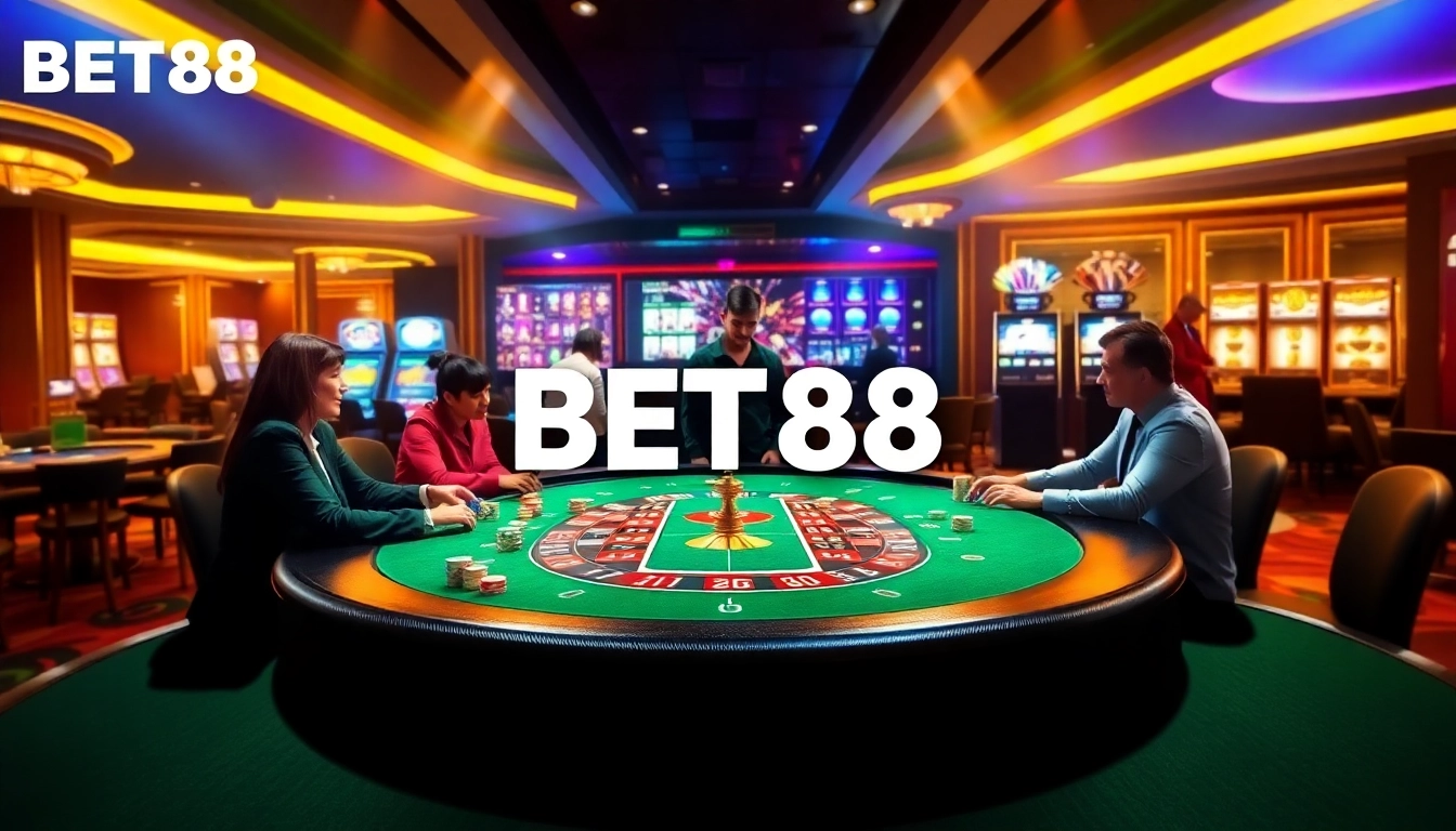 Experience thrilling gambling action at BET88 with a luxurious poker table and vibrant slot machines.