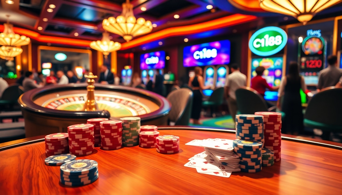 C168 logo displayed prominently in a vibrant casino scene featuring poker chips and a roulette wheel.