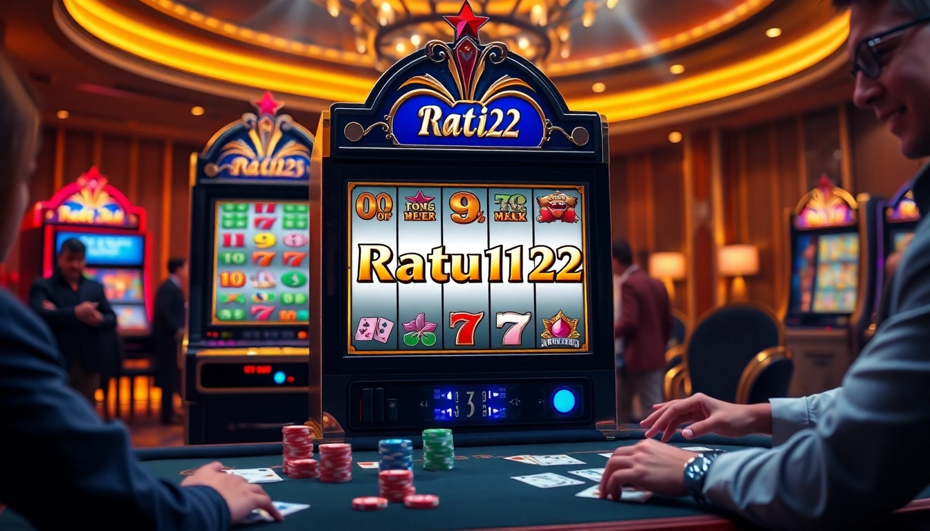 Berinteraksi dengan mesin slot Ratu123 yang berwarna-warni, menampilkan momen kemenangan yang mendebarkan dalam lingkungan kasino profesional.