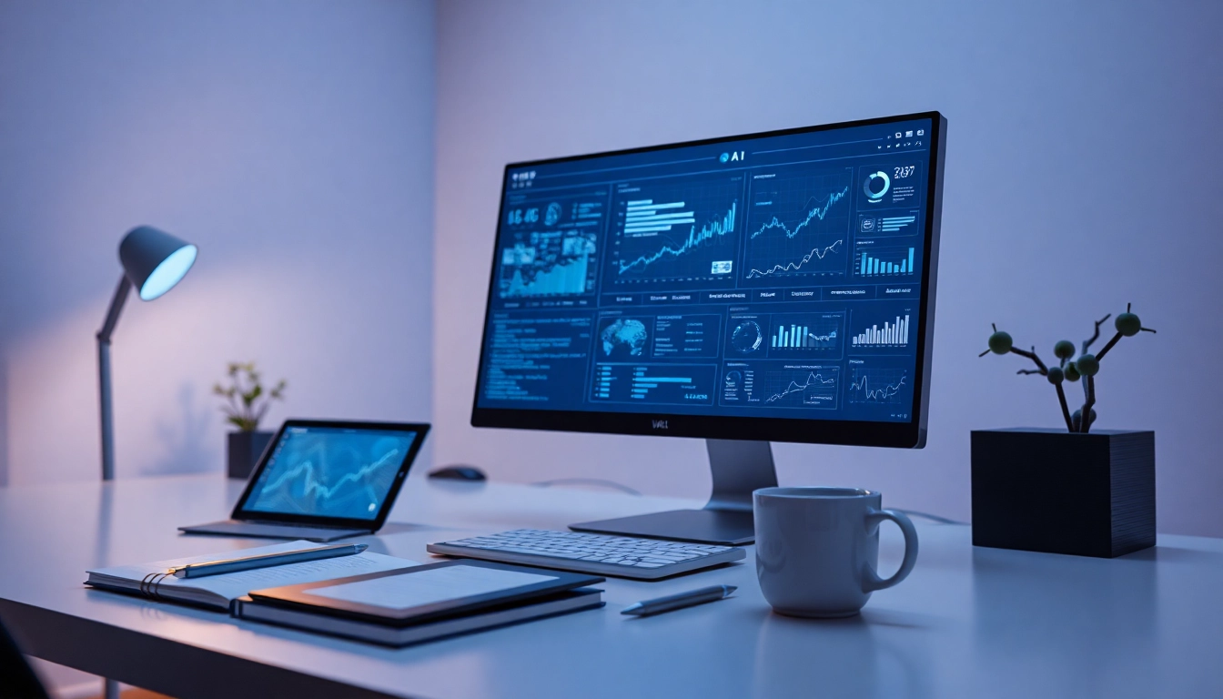 AI +18 technology workspace featuring advanced data analytics and a modern computer setup.