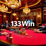 13Win poker players engaged at a luxurious casino table with colorful chips.