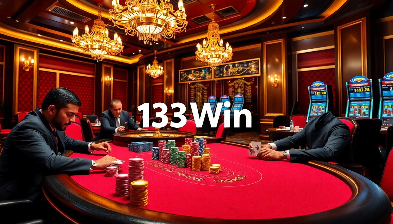 13Win poker players engaged at a luxurious casino table with colorful chips.