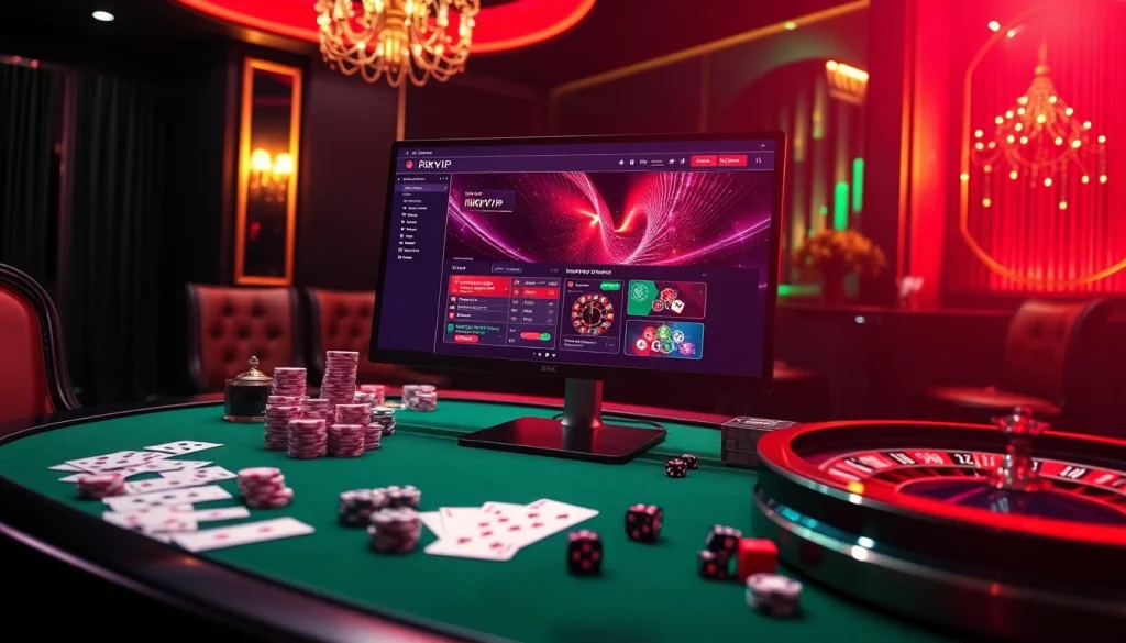 Experience exciting gameplay on RIKVIP with poker chips, cards, and a roulette wheel setup.
