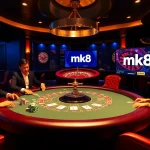 Enjoying high-stakes poker at mk8 casino table with vibrant chips and cards.