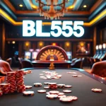 Experience the thrill of gambling with BL555 in a luxurious casino setting featuring poker chips and a roulette wheel.