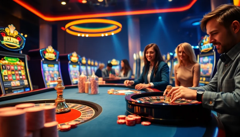 Players enjoying the 55WW casino experience with vibrant slot machines and a roulette table.