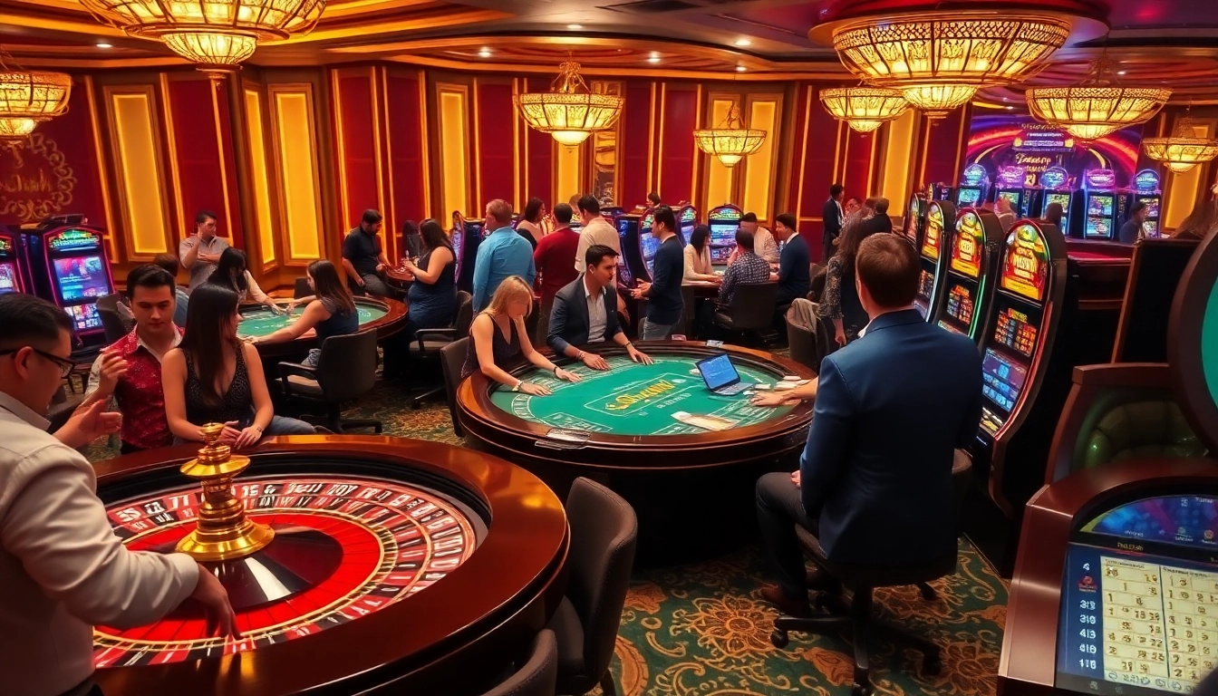 33win players immersed in an exciting casino environment with roulette and poker games.