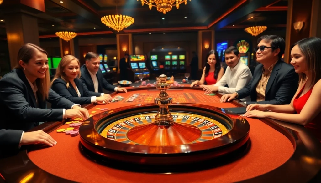 Excited players betting at a luxurious roulette table, highlighting RR88's thrilling casino experience.