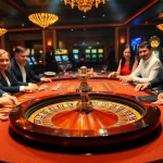 Excited players betting at a luxurious roulette table, highlighting RR88's thrilling casino experience.