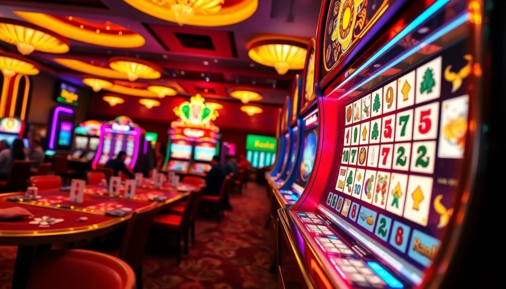 Pemain menikmati mesin slot Mahjong dalam suasana kasino yang semarak penuh kegembiraan.