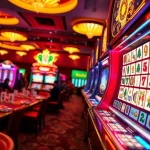 Pemain menikmati mesin slot Mahjong dalam suasana kasino yang semarak penuh kegembiraan.