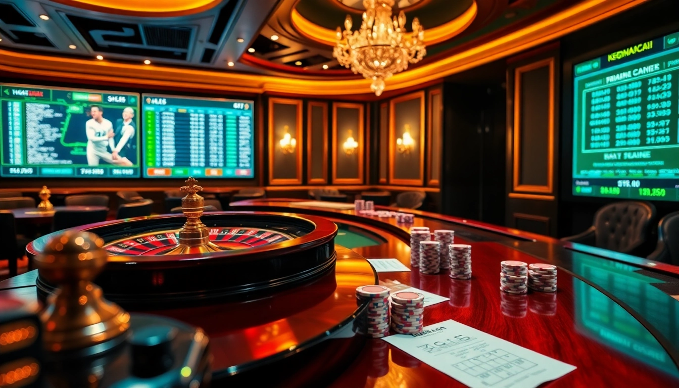 Placing bets on keonhacai with vibrant casino visuals showcasing roulette, poker chips, and betting slips.