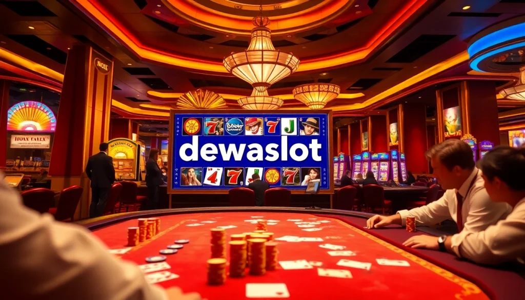 Experience the excitement of dewaslot at a luxurious casino with slot machines and vibrant gaming tables.