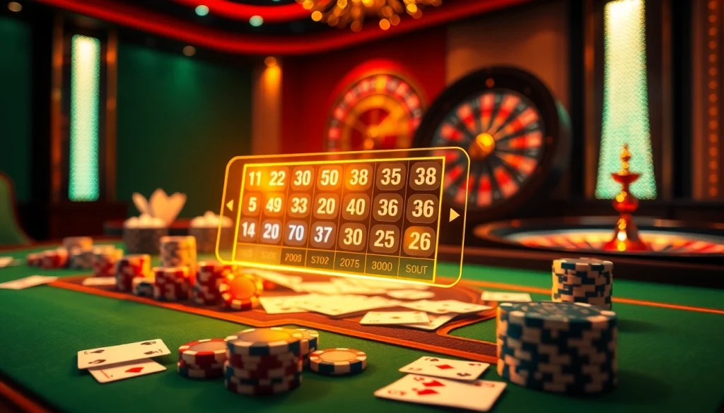 Tool xổ số siêu tốc showcases a vibrant online lottery interface amidst luxurious casino elements.