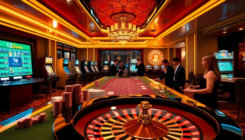 Gamblers enjoying a thrilling game at 123win online casino with vibrant slot machines and roulette.