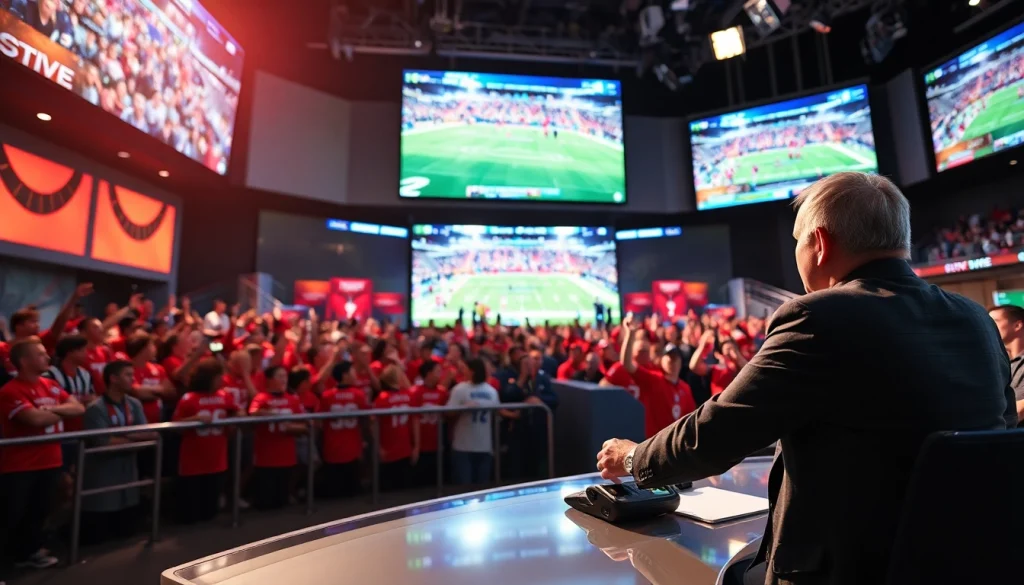 Engaging scene of sports broadcasting with a commentator and vibrant audience cheering.