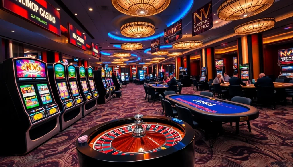 Players enjoying games at NV Casino with vibrant slot machines and roulette tables.