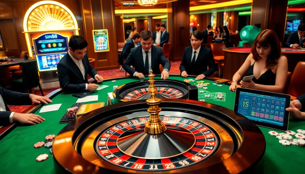 Gambling enthusiasts enjoying intense gameplay at a vibrant sin88 casino table with roulette and cards.