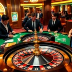 Gambling enthusiasts enjoying intense gameplay at a vibrant sin88 casino table with roulette and cards.
