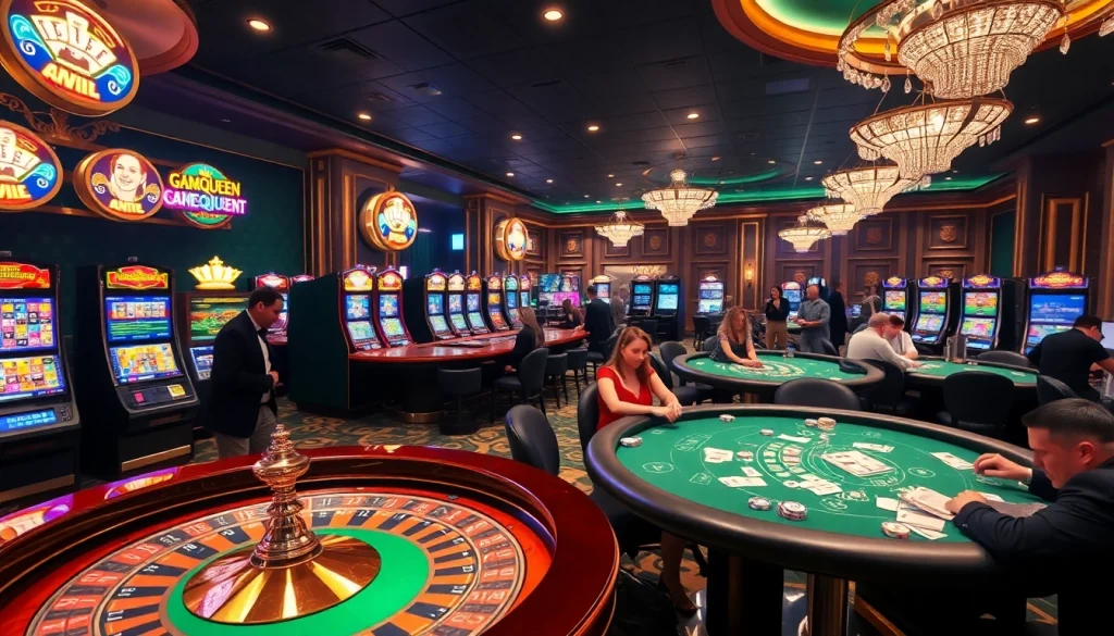 Experience the thrill of gambling at Gamequeen's luxurious casino, with vibrant tables and eager players.