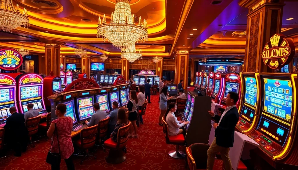 Engaging players enjoy spinning vibrant slot gacor machines in a luxurious casino setting.