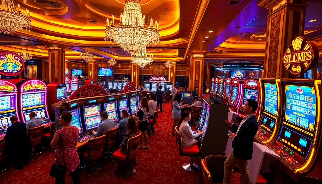 Engaging players enjoy spinning vibrant slot gacor machines in a luxurious casino setting.