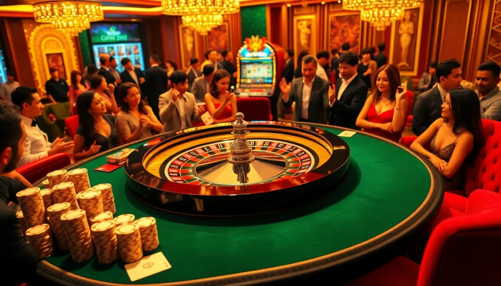 Xin88 roulette table surrounded by excited players in a luxurious casino setting