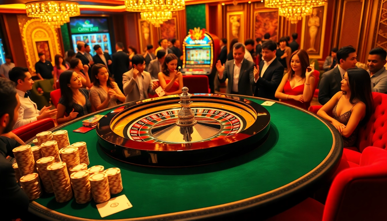 Xin88 roulette table surrounded by excited players in a luxurious casino setting