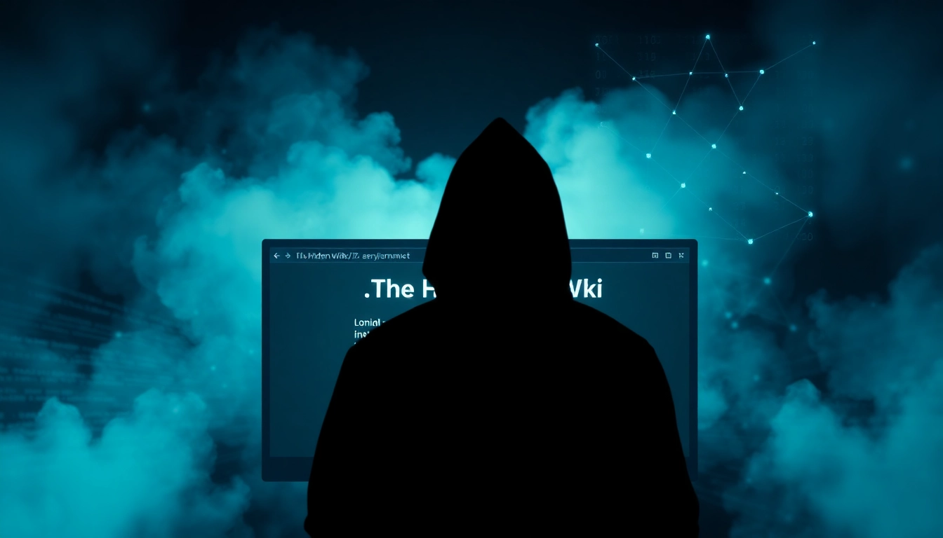 The Hidden Wiki interface illuminated in a mystical dark web environment, showcasing .onion links and anonymity themes.