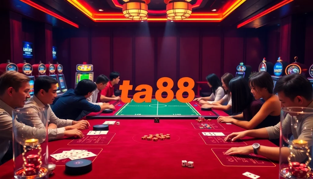Excited players placing bets at ta88 bóng đá's vibrant casino table amidst a luxurious atmosphere.
