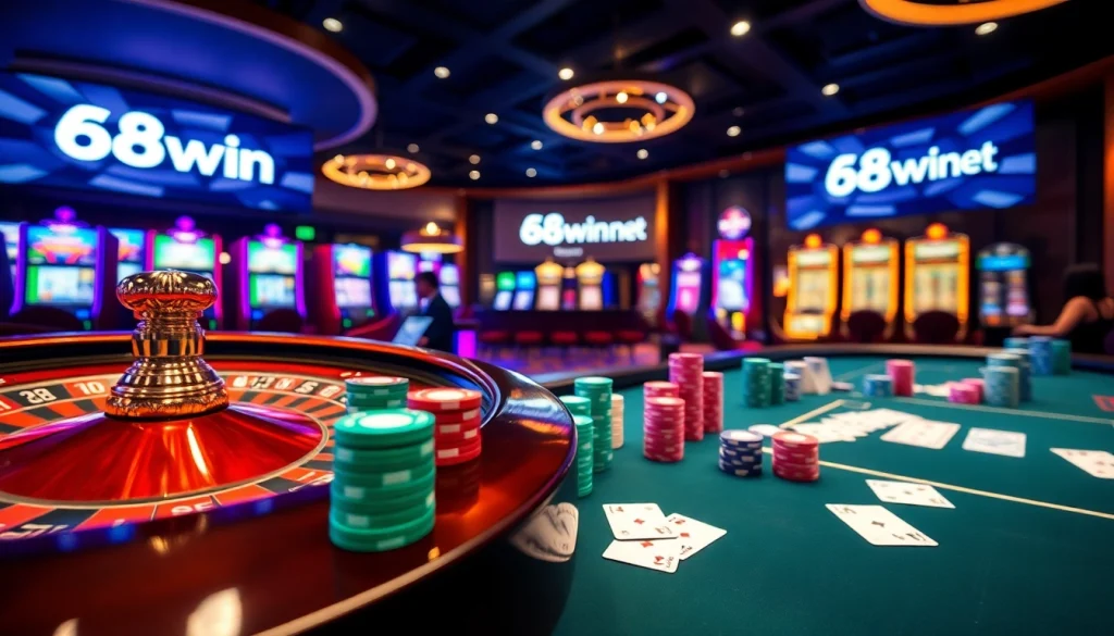Experience thrilling gaming action at 68win net with vibrant poker chips and roulette wheel.