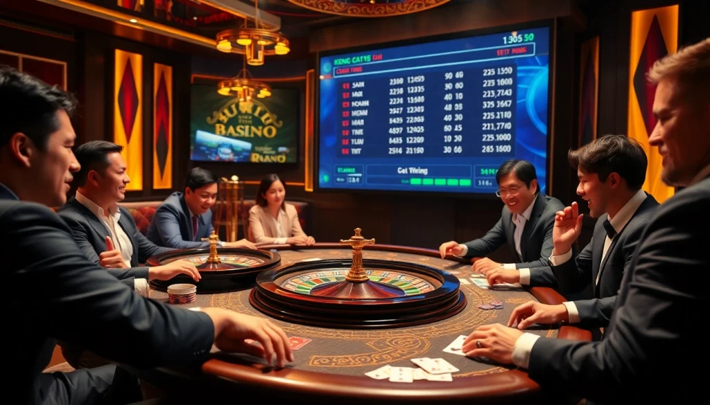 Engaging gamblers analyzing kèo nhà cái 5 at a vibrant casino betting table.