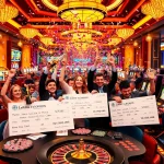 Explosion of a prize-winning lottery celebrated in a vibrant casino atmosphere.