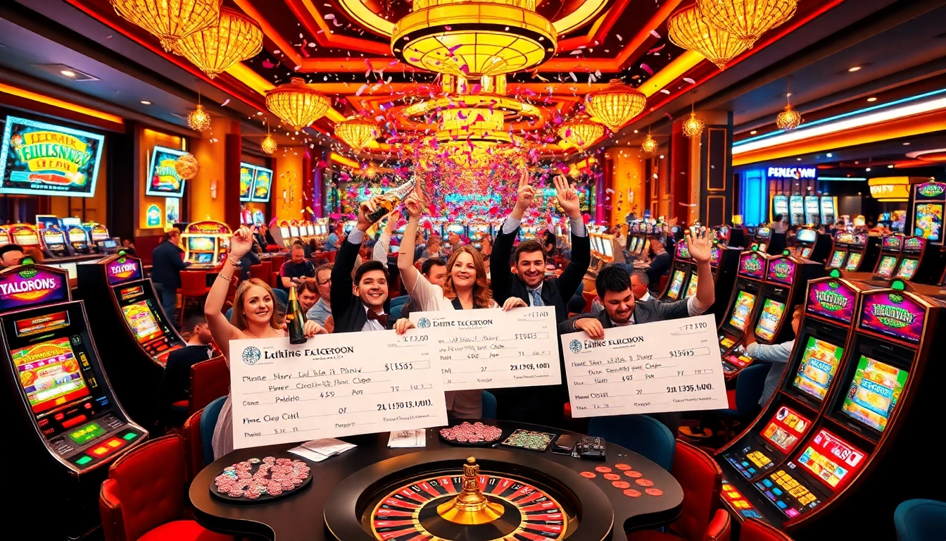 Explosion of a prize-winning lottery celebrated in a vibrant casino atmosphere.