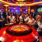Players enjoying thrilling games at King88 casino, featuring roulette and slot machines in a vibrant atmosphere.