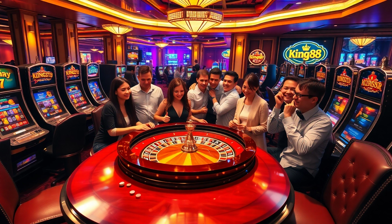 Players enjoying thrilling games at King88 casino, featuring roulette and slot machines in a vibrant atmosphere.