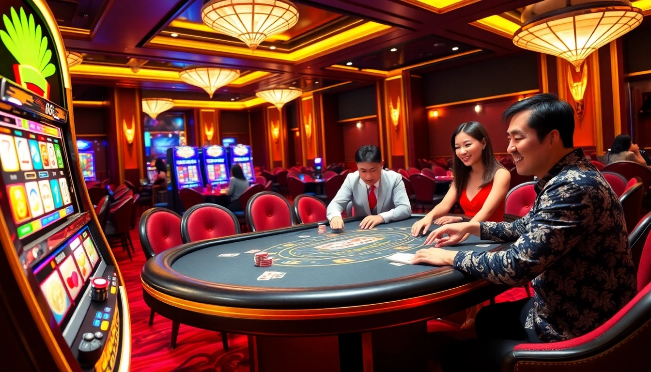 The excitement of 68 Game Bài at a luxurious casino with players at a poker table.